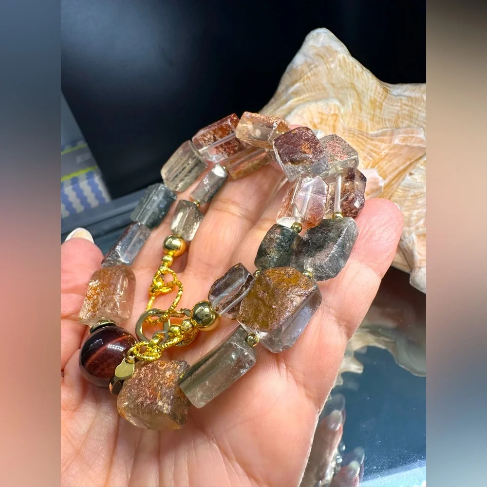 GOLDEN PHANTOM QUARTZ + TIGERS EYE STONES NATURAL NECKLACE - Picture 10 of 16